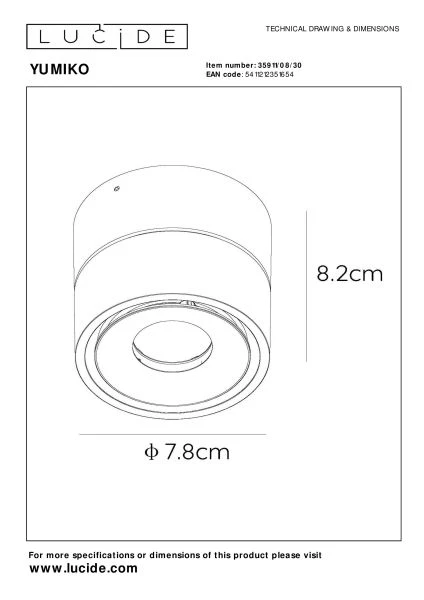 Lucide YUMIKO - Spot plafond - Ø 7,8 cm - LED Dim. - 1x10W 2700K - Noir - technique